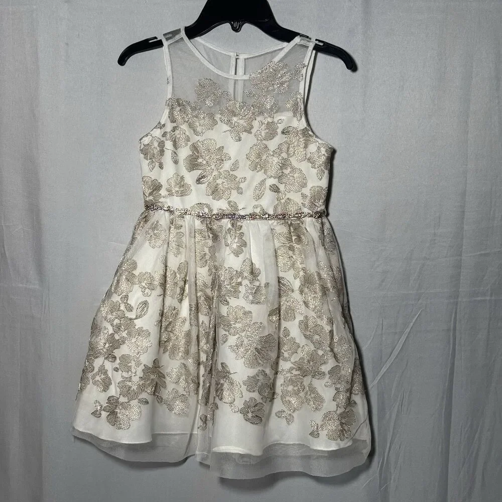 Rare Editions Girls Size 7 Ivory Gold Floral Dress Wedding Party Holiday Pageant